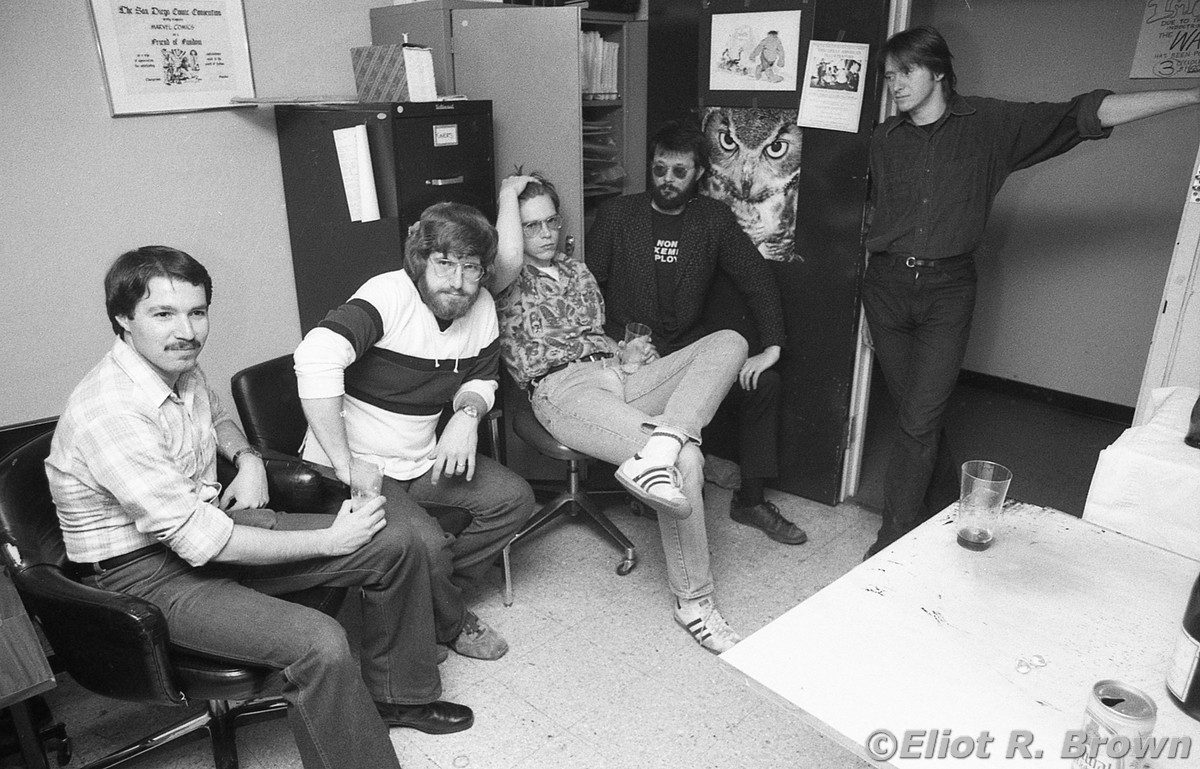 L-R: Paste-Up Artist Joe Albelo, Cover Production Ron Zalme, Assistant Editor Mike Carlin, Lettering Correction Artist Rick Parker, Art Correction Artist Bob Camp.